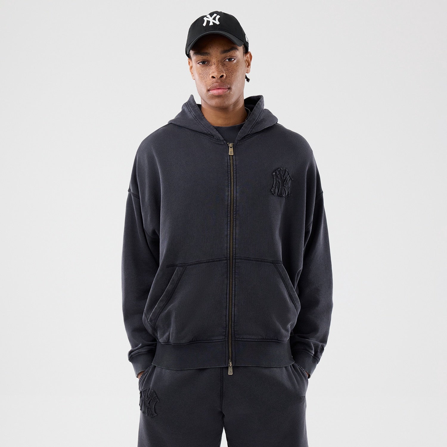Washed Full Zip Hoodie New York Yankees Black MLB Vintage Snapback Baseball Cap Adjustable Streetwear Hat